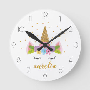 Horloge Ronde Joli Licorne Paillettes Féminin Nom Personnalisé R