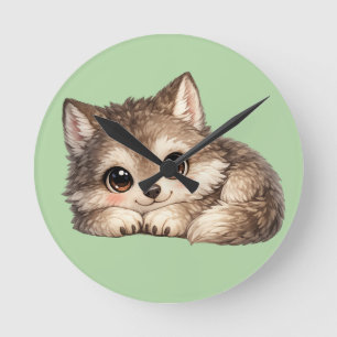 Horloge Ronde Joli louveteau aux grands yeux se détendant Animau
