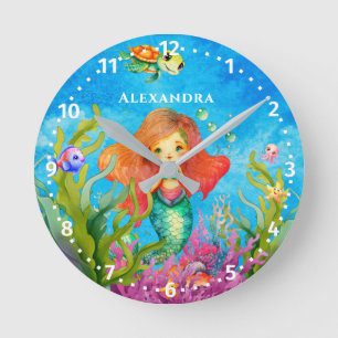 Horloge Ronde Joli monogramme de nom sirène et tortues