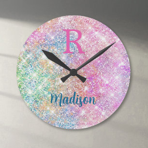 Horloge Ronde Joli monogramme iridescent licorne rose faux paill
