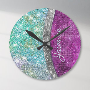 Horloge Ronde Joli monogramme iridescent violet sarcelle faux pa