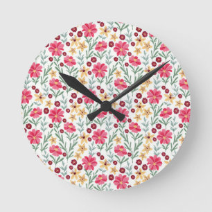 Horloge Ronde Joli motif floral vintage rose et jaune