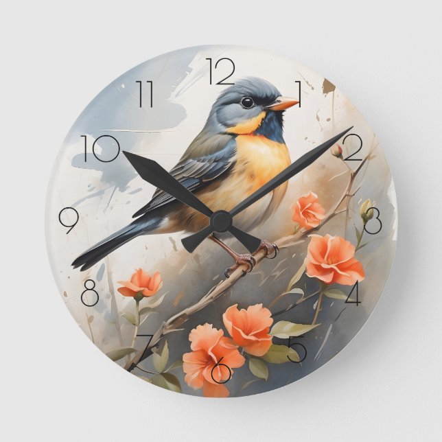 Horloge Ronde Joli oiseau sur le membre de l'arbre Fleurs orange (Recto)