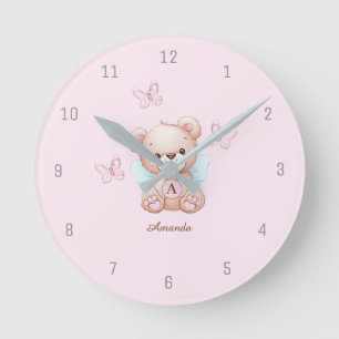 Horloge Ronde Joli Ours Monogramme Nom Rose