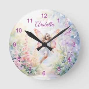 Horloge Ronde Joli Pastel Butterfly Fairy in Flower Garden