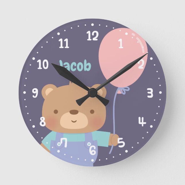 Horloge Ronde Joli petit ours en peluche avec ballon, nurserie (Recto)