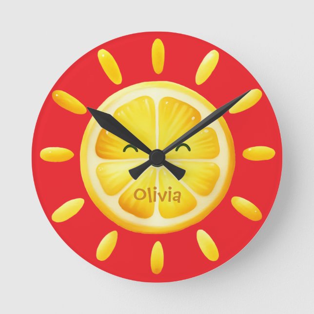 Horloge Ronde Joli Soleil Citron et Rayons de Soleil (Recto)