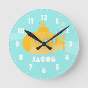 Horloge Ronde Joli Sous-Marin Jaune, Sous l'Eau, Pour Enfants