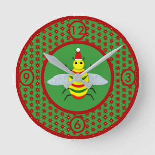 Horloge Ronde Jolie abeille de Noël et fleurs de Poinsettia
