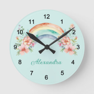 Horloge Ronde Jolie aquarelle Fleurs et arc-en-ciel