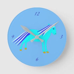 Horloge Ronde Jolie Chambre de Bébé Garçon Licorne Bleue