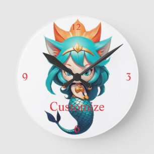 Horloge Ronde Jolie chaton sirène Thunder_Cove