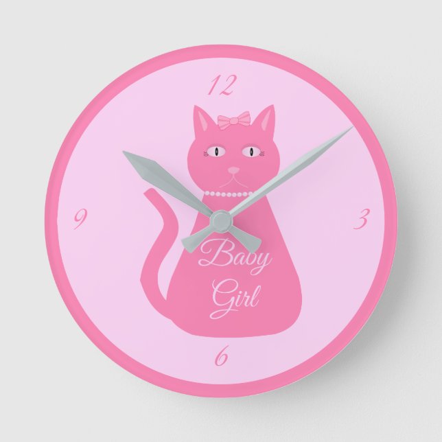 Horloge Ronde Jolie Fille Bébé Chat Rose Personnalisé Nurserie (Recto)