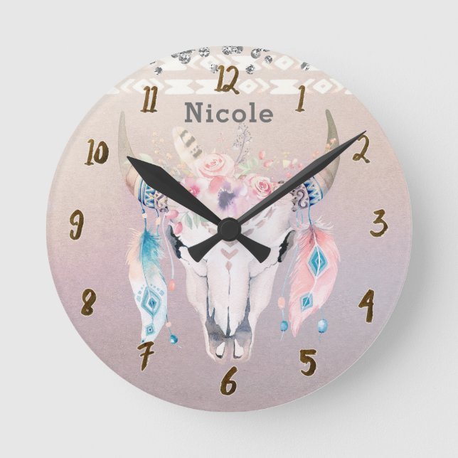 Horloge Ronde Jolie Iridescente Boho Chic Floral Rustique Person (Recto)