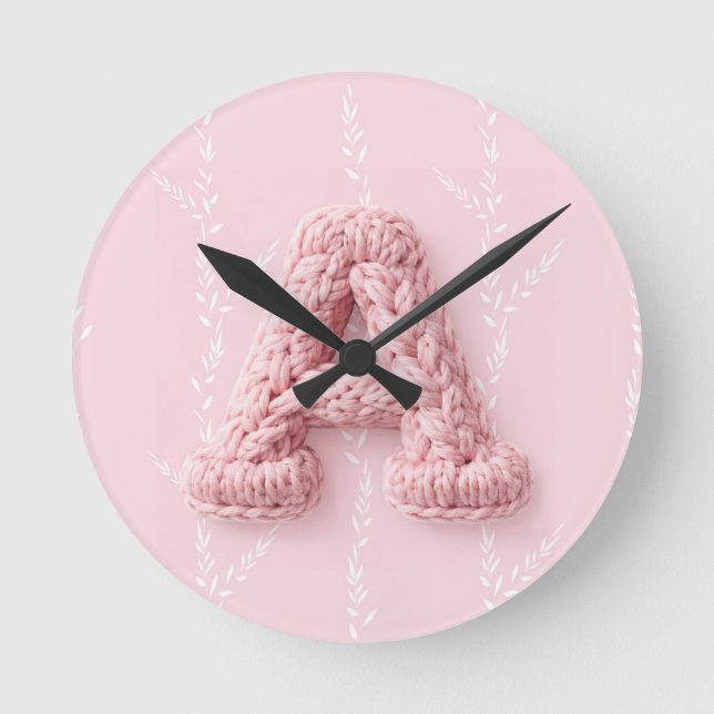 Horloge Ronde Jolie lettre crochetée A monogramme initiale rose  (Recto)
