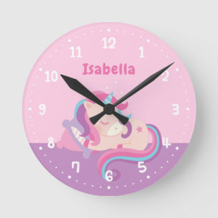 Horloge Ronde Jolie Licorne Endormie Fille Chambre Rose
