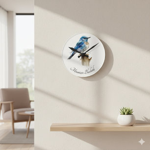 Horloge Ronde Jolie petite merlette des montagnes aquarelle, per