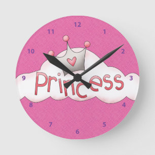 Horloge Ronde Jolie princesse rose et couronne sur nuage
