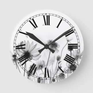 Horloge Ronde Jolies fleurs sauvages à rayons X N&B