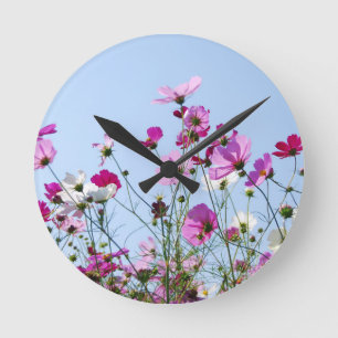 Horloge Ronde Jolis fleurs sauvages violets prairie