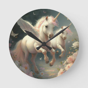 Horloge Ronde Jolis licornes floraux volants petit poney Rond Cl