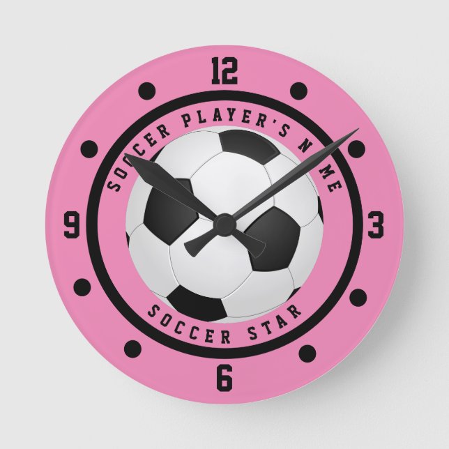 Horloge Ronde Joueuse en étoile de soccer sur mesure rose et noi (Recto)