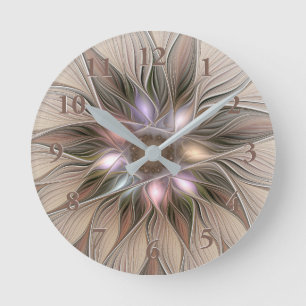 Horloge Ronde Joyeuse Fleur Abstrait Beige Brown Floral Fractal