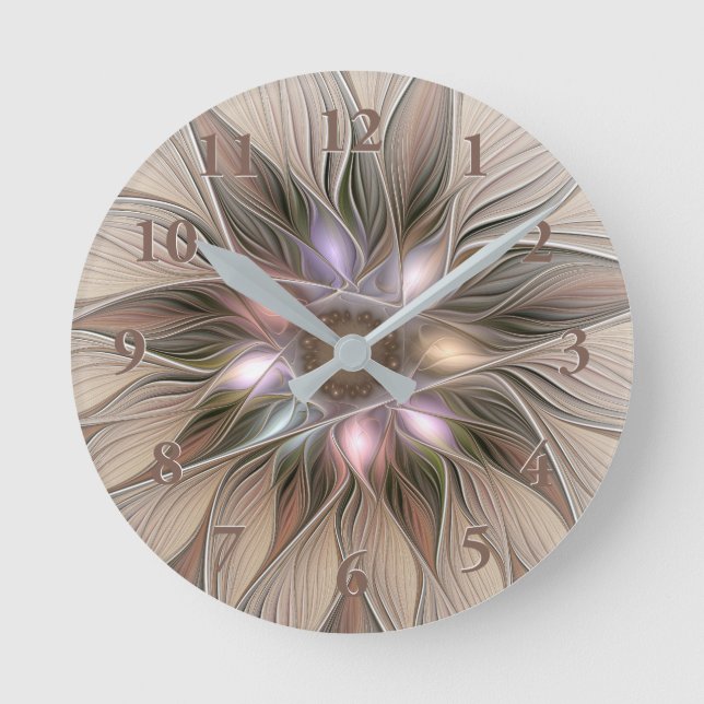 Horloge Ronde Joyeuse Fleur Abstrait Beige Brown Floral Fractal (Recto)