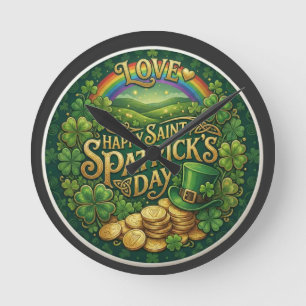 Horloge Ronde Joyeuse Saint-Patrick Amour Cœur Arc-en-ciel Shamr