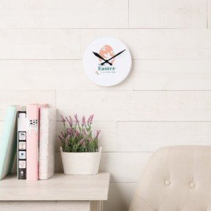 Horloge Ronde Joyeuses Pâques – Lapin & Œuf Décor Floral