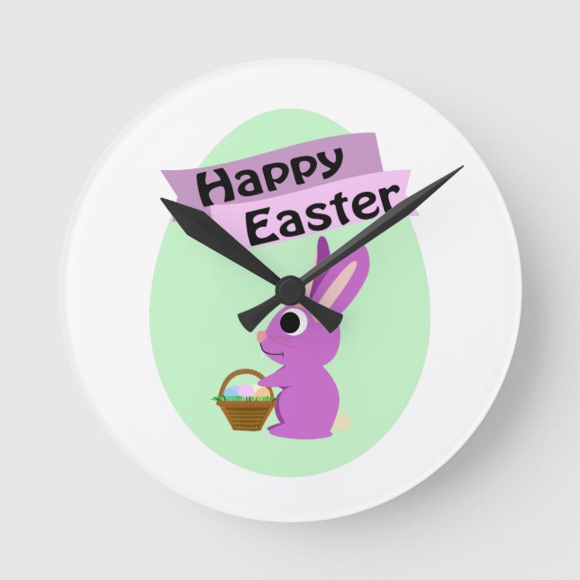 Horloge Ronde Joyeuses Pâques ! Lapin rose (Recto)