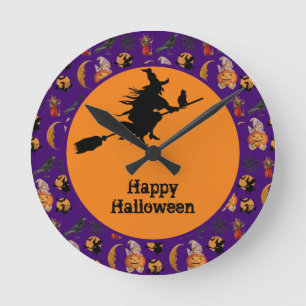 Horloge Ronde Joyeux Halloween Sorcière sur un Balai Décoration