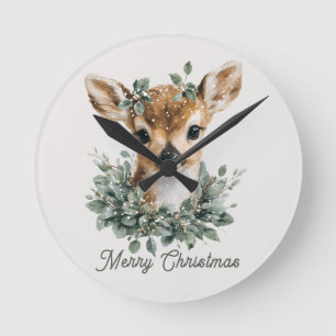 Horloge Ronde Joyeux Noël au faon mignon - Faon à l'aquarelle