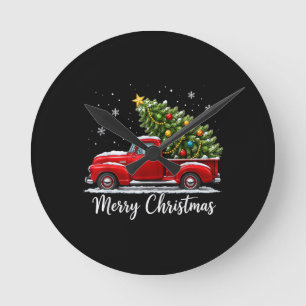 Horloge Ronde Joyeux Noël Camion Rouge Sapin Hommes Femmes