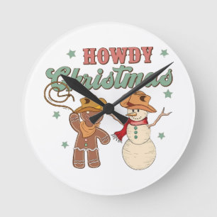 Horloge Ronde Joyeux Noël Cowboy Groovy Bonhomme de Neige Wester