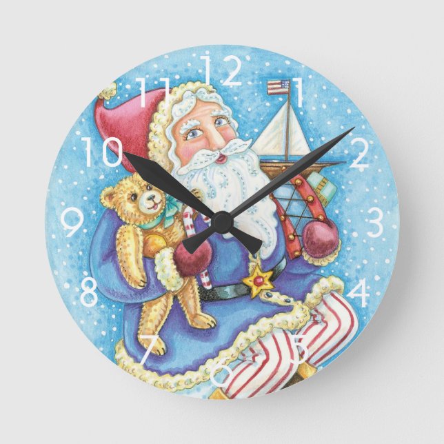 Horloge Ronde Joyeux Noël, Père Noël sur un boule de neige avec  (Recto)