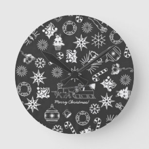 Horloge Ronde Joyeux Noël Père Noël Symboles, noir et blanc