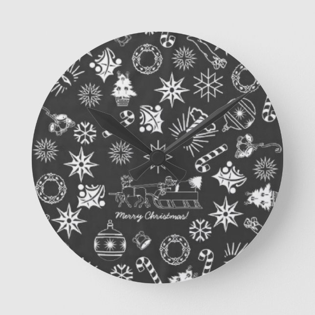Horloge Ronde Joyeux Noël Père Noël Symboles, noir et blanc (Recto)