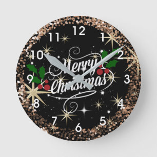 Horloge Ronde Joyeux Noël pétillant et parties scintillant,