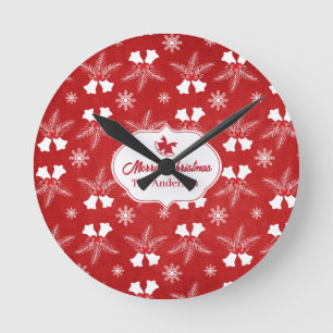 Horloge Ronde Joyeux Noël Rouge Motif Noël Bell