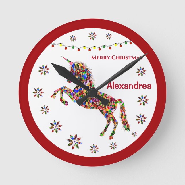 Horloge Ronde Joyeux Noël Unicorne Parties scintillant Personnal (Recto)