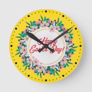 Horloge Ronde Joyeux Pâques Avec Cadre Floral-23046