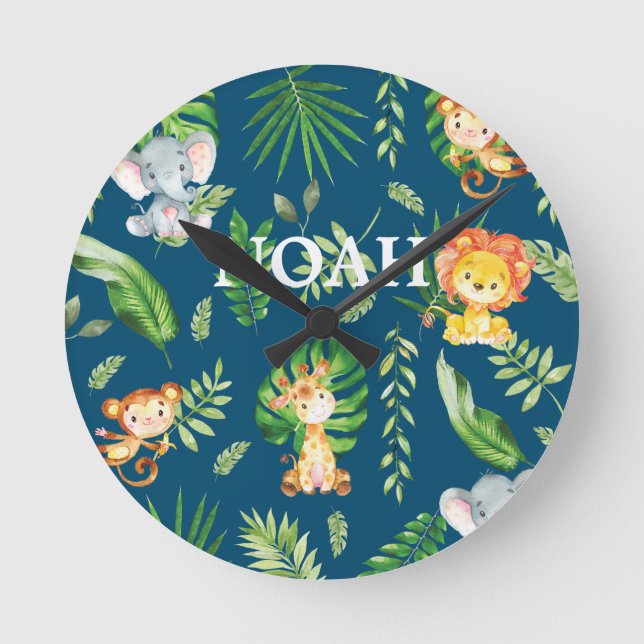 Horloge Ronde Jungle Animaux Safari Garçon Enfants Nursery Décor (Recto)