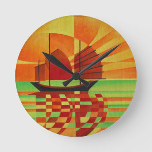 Horloge Ronde Junk on Sea of Green Cubist Abstrait