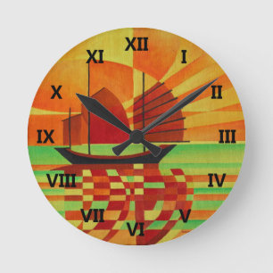 Horloge Ronde Junk on Sea of Green Cubist Abstrait