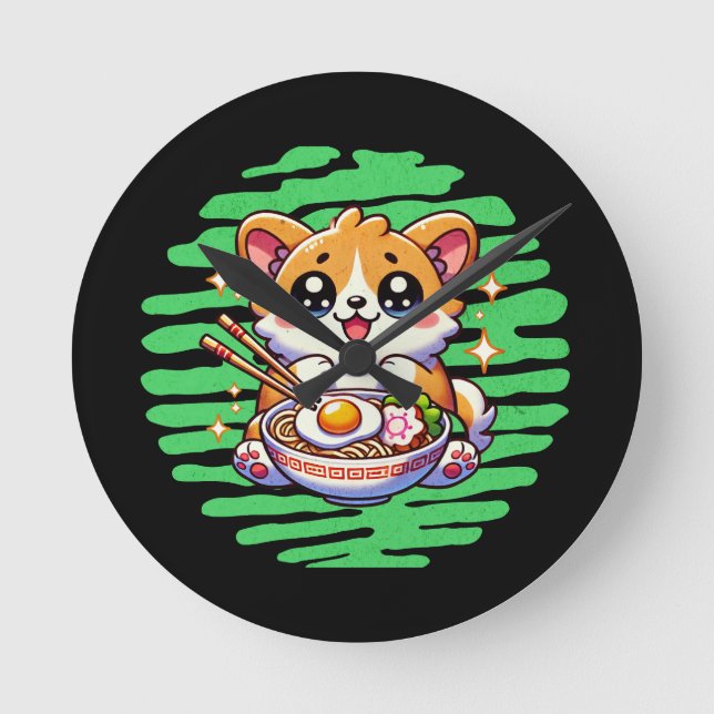 Horloge Ronde Kawaii Corgi manger bol de Ramen (Recto)