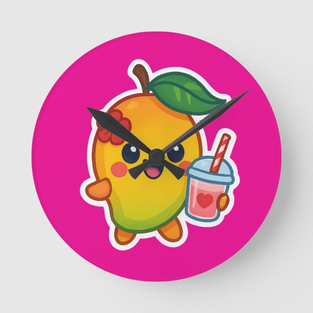 Horloge Ronde Kawaii Mango - Fruit d'amour avec Smoothi de coeur (Recto)