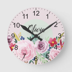 Horloge Ronde Kids Cute Watercolor Flowers