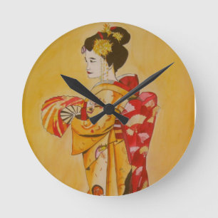 Horloge Ronde Kimono d'or Geisha aquarelle originale