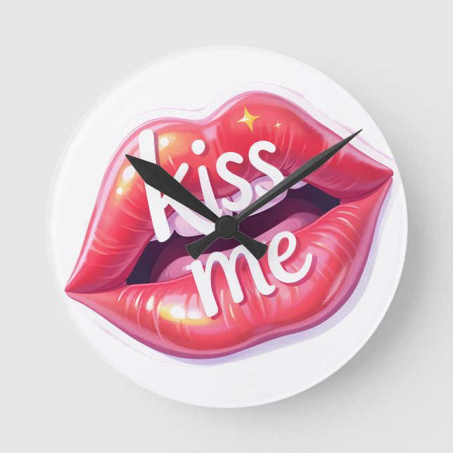 Horloge Ronde Kiss Me Glossy Red Lips Art Illustration (Recto)